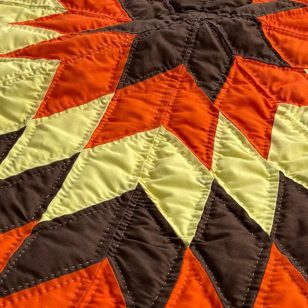 Vintage Handmade Harvest Lone Star Quilt Texas Orange Brown Fall Autumn *READ*